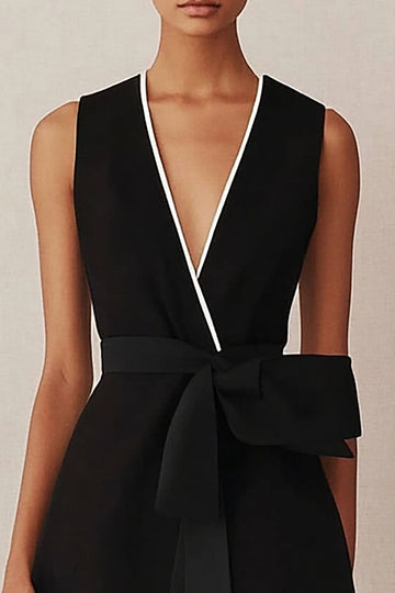 A Line Black V-Neck Satin Long Work Dress with Sash